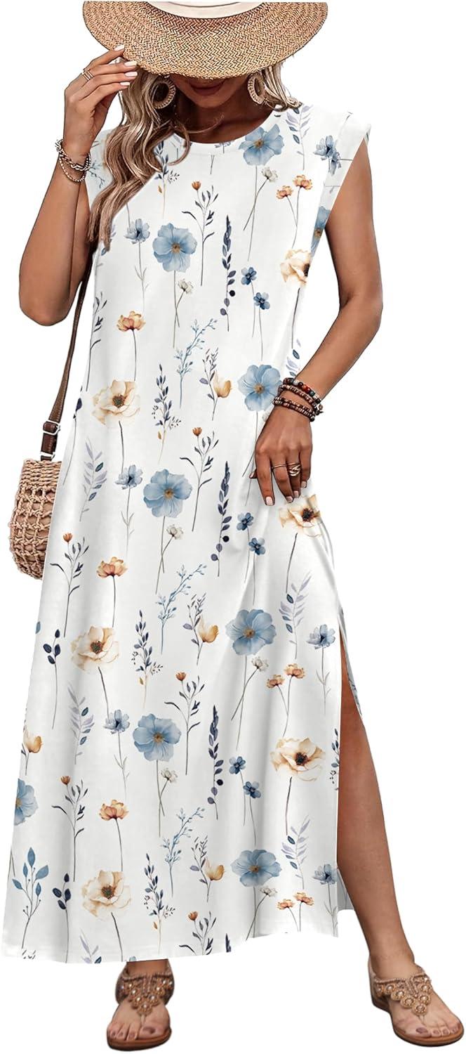 imageZeagoo Summer Dresses for Women 2026 Black Long Maxi Sundresses Loose Split WrinkleFree Beach Travel Vacation ClothesWhite Flowers