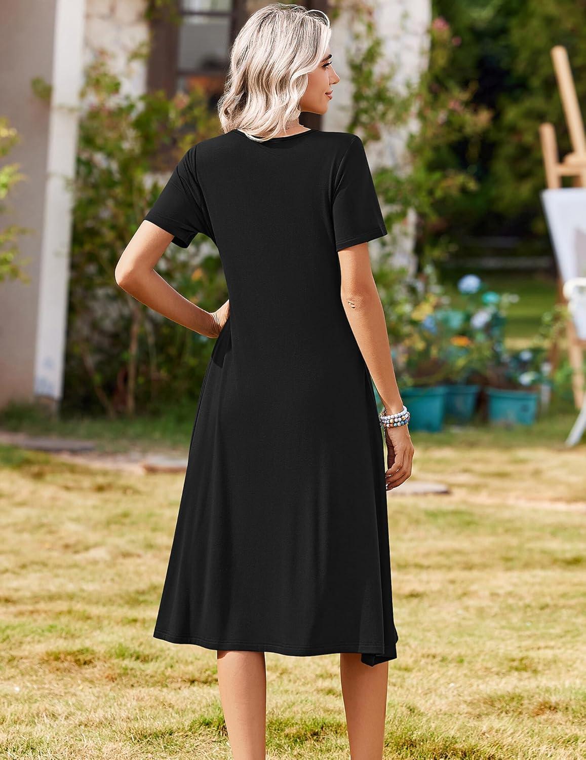 imageZeagoo Summer Dresses for Women 2026 Casual Short Sleeve Aline Midi Dress with Pocket Flowy Pleated Tshirt Beach SundressBlack