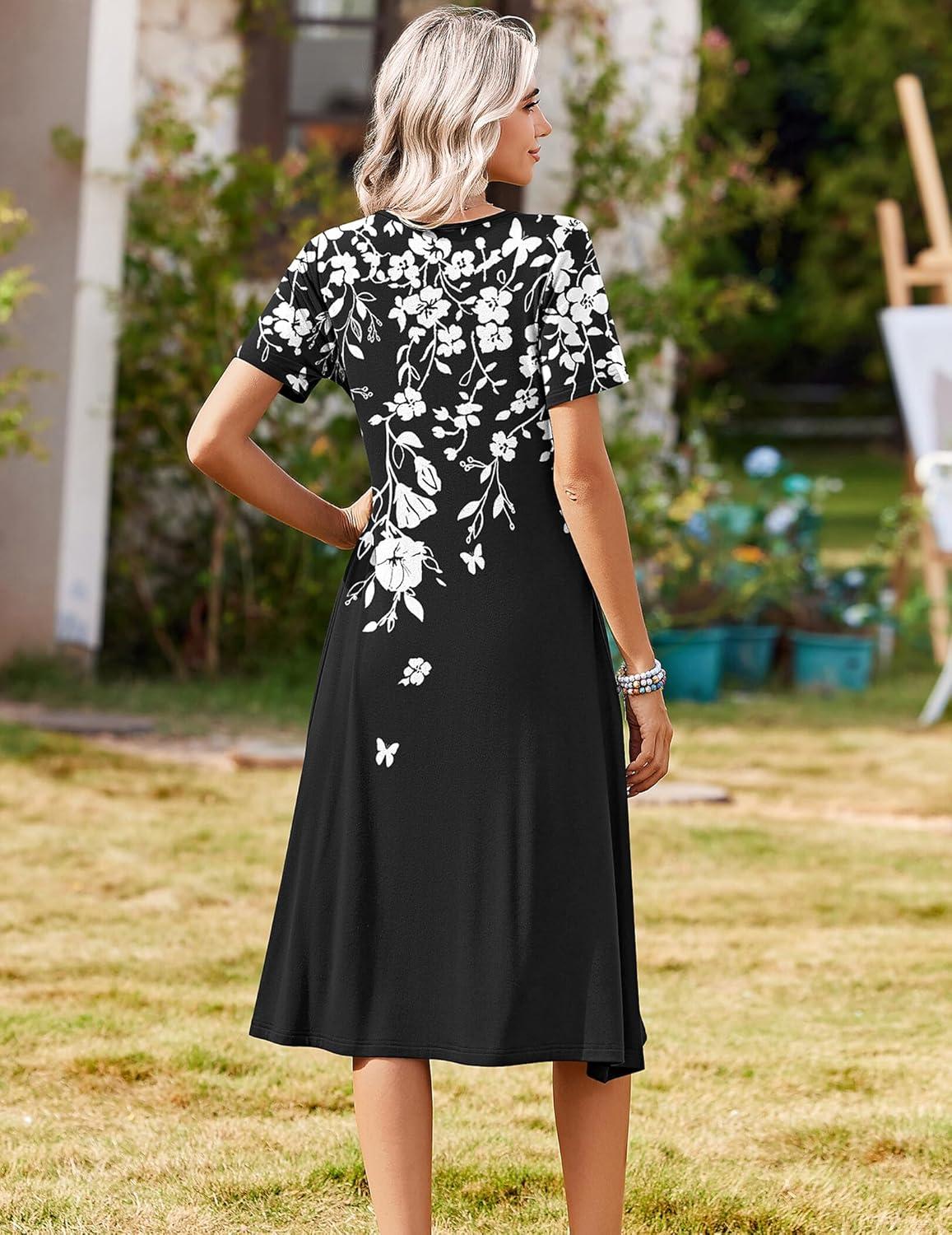 imageZeagoo Summer Dresses for Women 2026 Casual Short Sleeve Aline Midi Dress with Pocket Flowy Pleated Tshirt Beach SundressBlack Floral Print