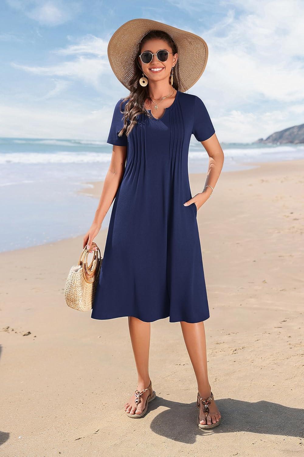 imageZeagoo Summer Dresses for Women 2026 Casual Short Sleeve Aline Midi Dress with Pocket Flowy Pleated Tshirt Beach SundressBlue