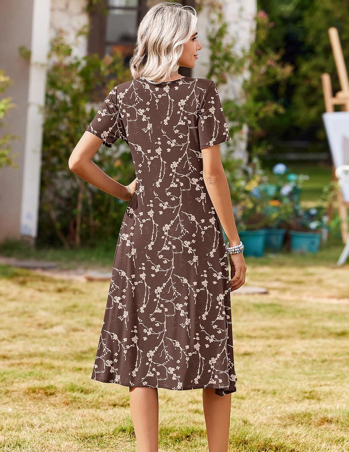 imageZeagoo Summer Dresses for Women 2026 Casual Short Sleeve Aline Midi Dress with Pocket Flowy Pleated Tshirt Beach SundressCoffee