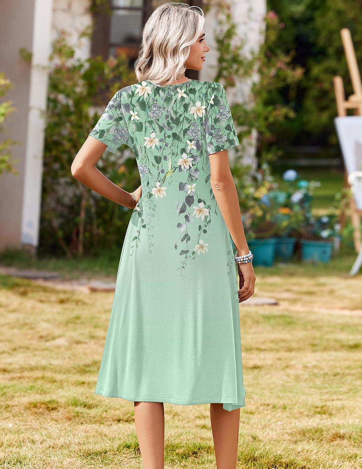 imageZeagoo Summer Dresses for Women 2026 Casual Short Sleeve Aline Midi Dress with Pocket Flowy Pleated Tshirt Beach SundressGreen Floral