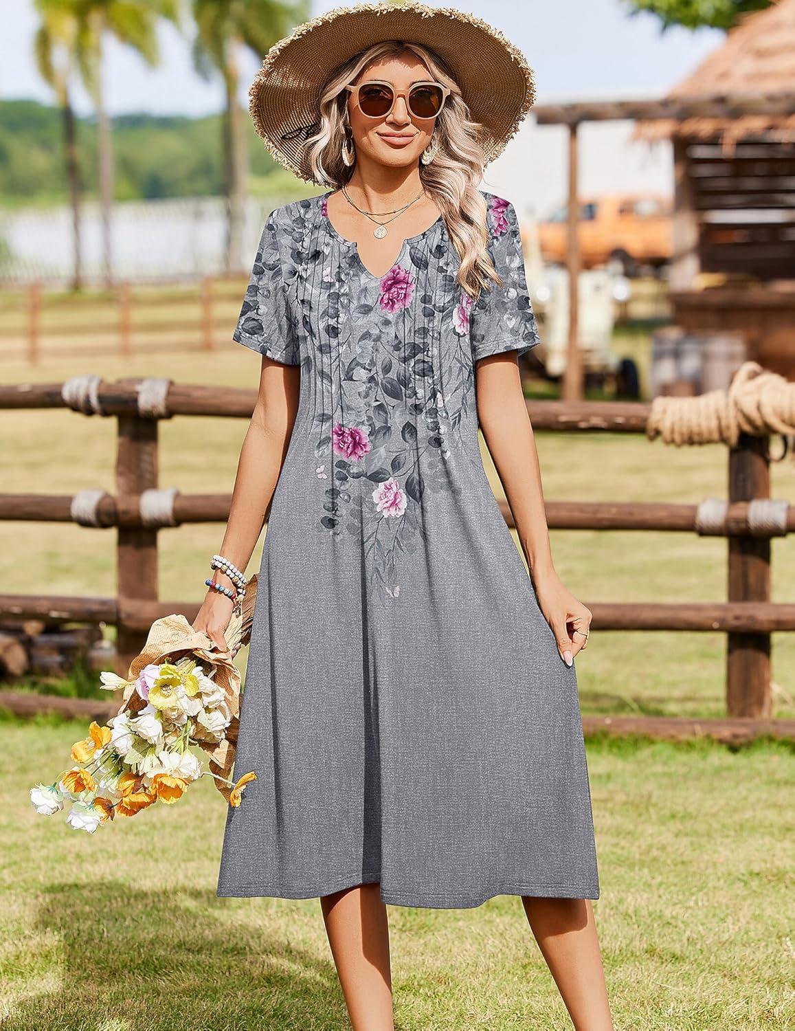 imageZeagoo Summer Dresses for Women 2026 Casual Short Sleeve Aline Midi Dress with Pocket Flowy Pleated Tshirt Beach SundressGrey Floral