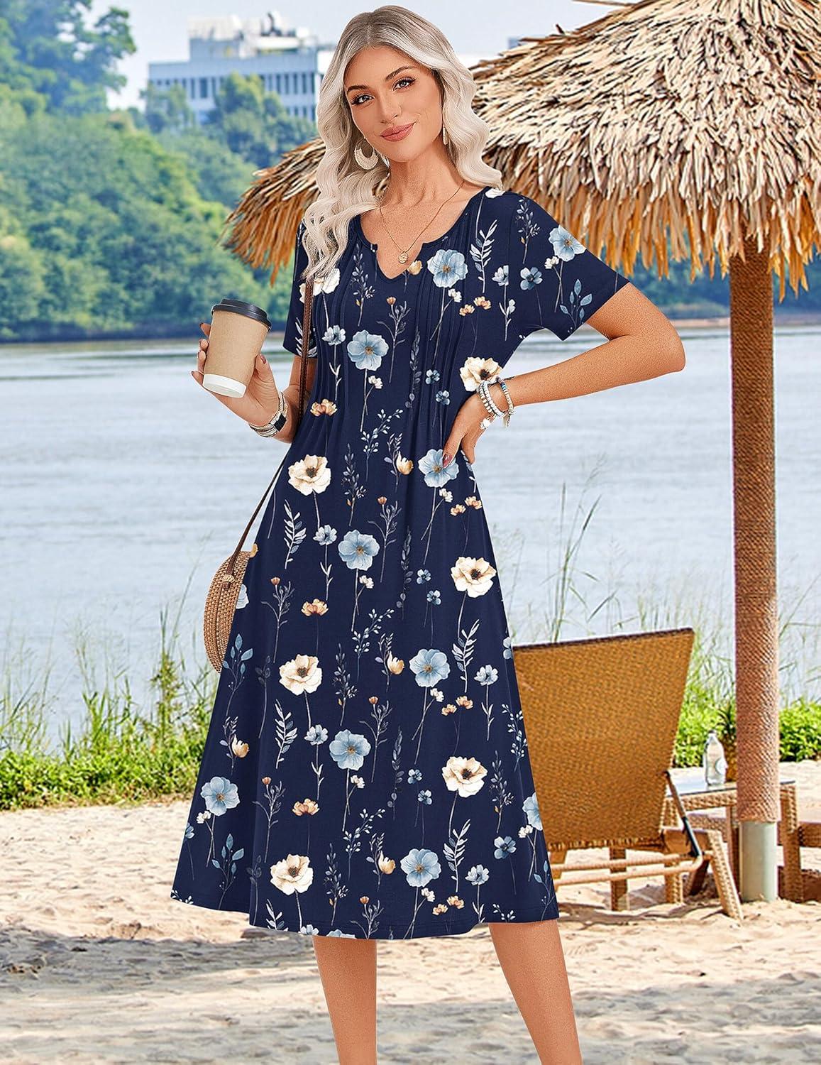 imageZeagoo Summer Dresses for Women 2026 Casual Short Sleeve Aline Midi Dress with Pocket Flowy Pleated Tshirt Beach SundressNavy Blue Print