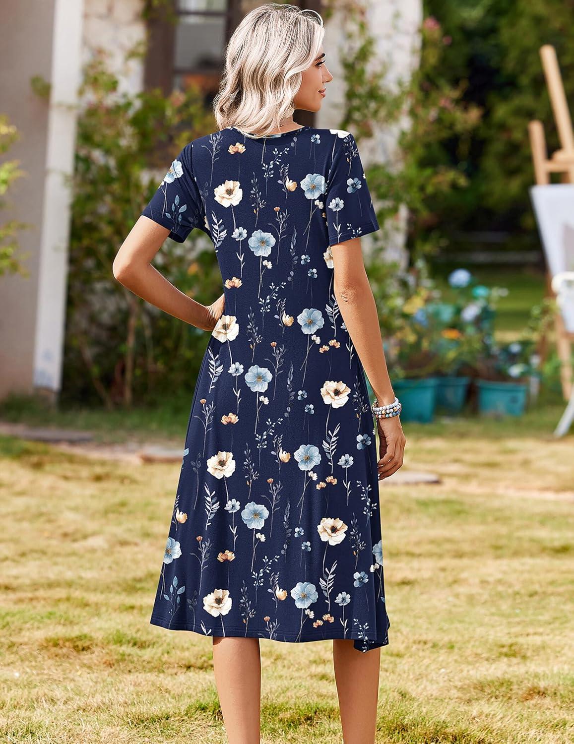 imageZeagoo Summer Dresses for Women 2026 Casual Short Sleeve Aline Midi Dress with Pocket Flowy Pleated Tshirt Beach SundressNavy Blue Print