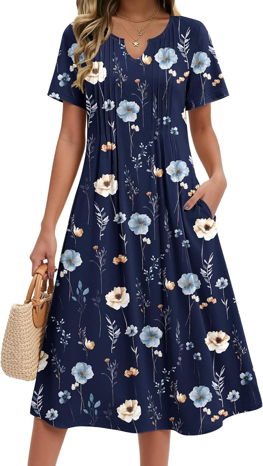 imageZeagoo Summer Dresses for Women 2026 Casual Short Sleeve Aline Midi Dress with Pocket Flowy Pleated Tshirt Beach SundressNavy Blue Print