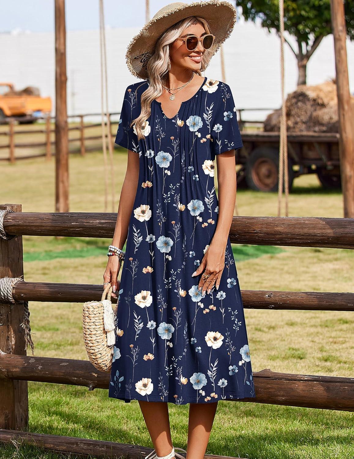 imageZeagoo Summer Dresses for Women 2026 Casual Short Sleeve Aline Midi Dress with Pocket Flowy Pleated Tshirt Beach SundressNavy Blue Print