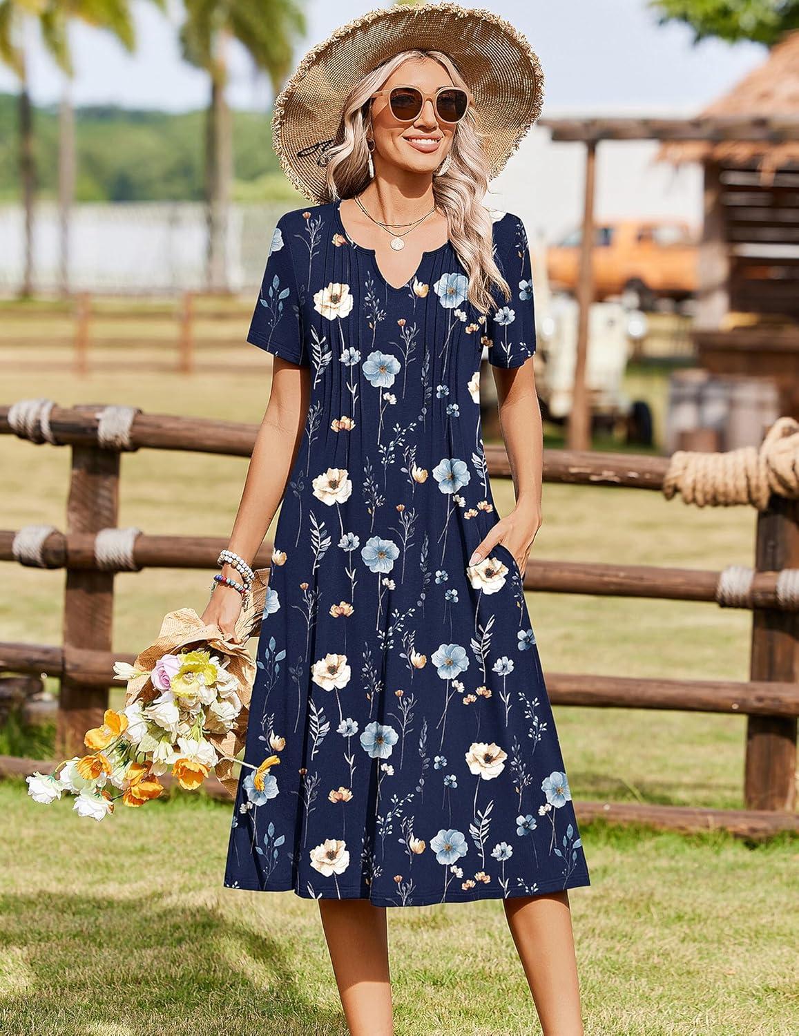 imageZeagoo Summer Dresses for Women 2026 Casual Short Sleeve Aline Midi Dress with Pocket Flowy Pleated Tshirt Beach SundressNavy Blue Print