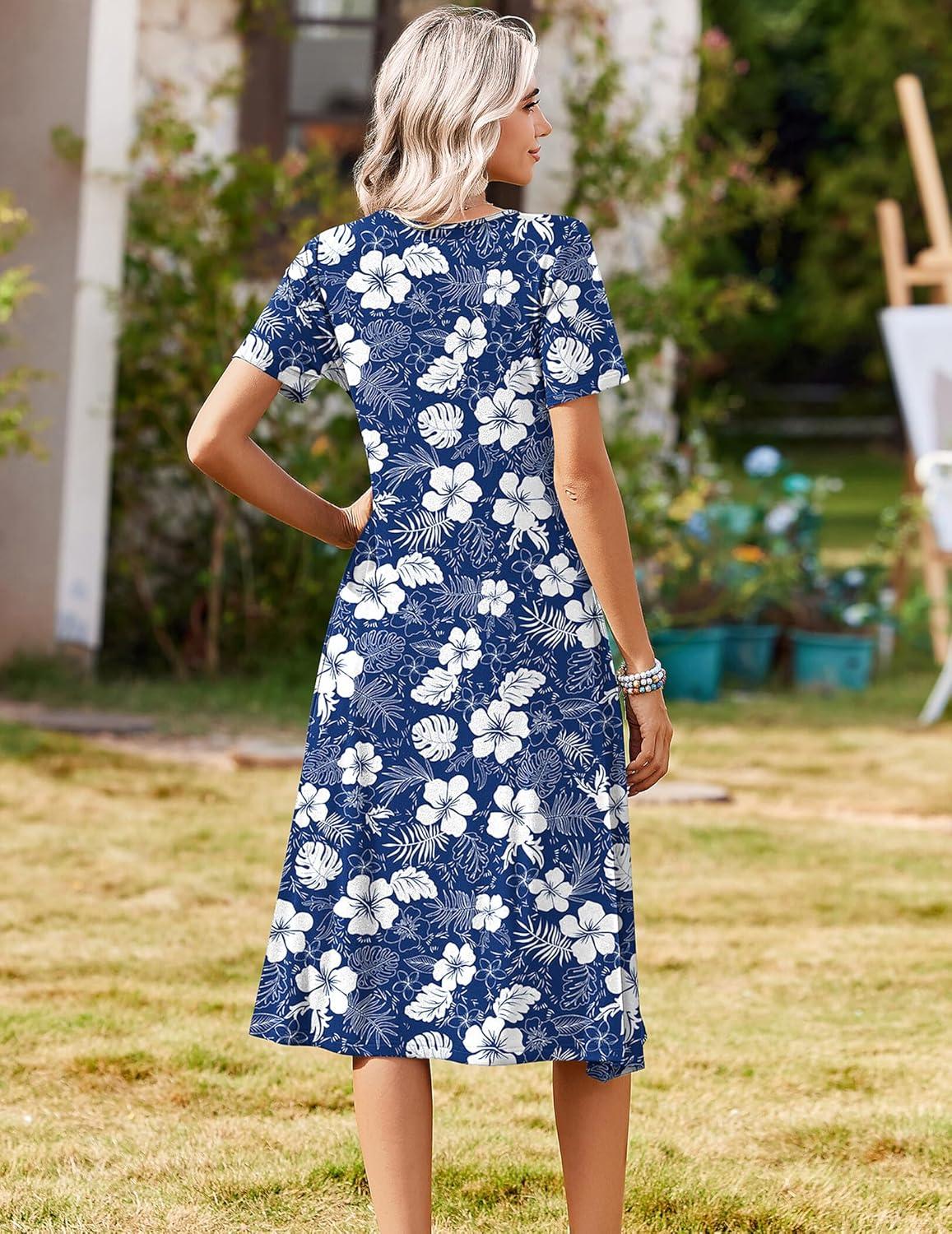 imageZeagoo Summer Dresses for Women 2026 Casual Short Sleeve Aline Midi Dress with Pocket Flowy Pleated Tshirt Beach SundressNavy Floral