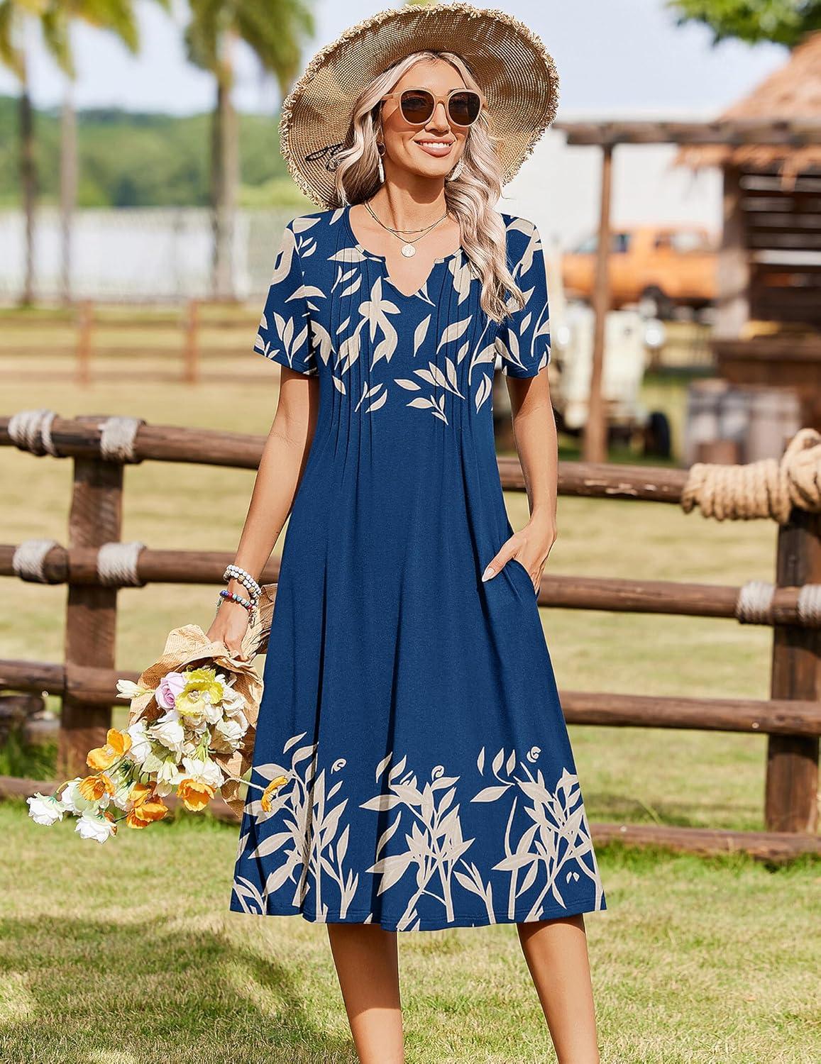 imageZeagoo Summer Dresses for Women 2026 Casual Short Sleeve Aline Midi Dress with Pocket Flowy Pleated Tshirt Beach SundressNavy Leaf Print