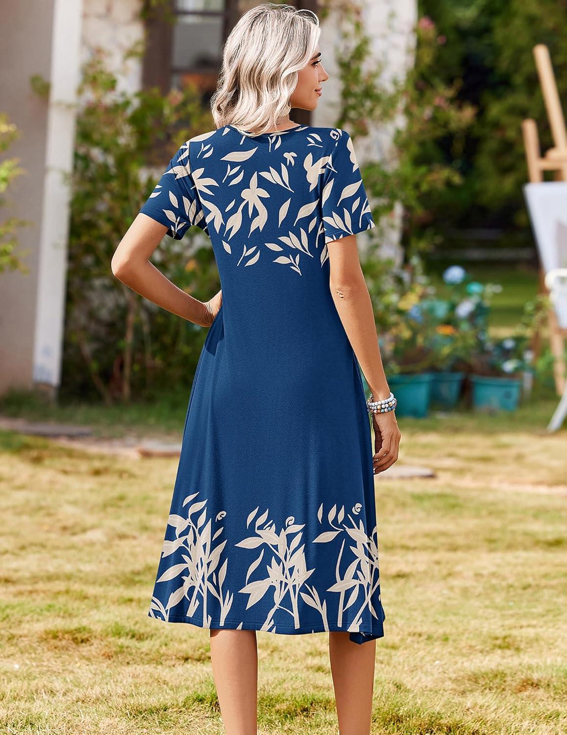 imageZeagoo Summer Dresses for Women 2026 Casual Short Sleeve Aline Midi Dress with Pocket Flowy Pleated Tshirt Beach SundressNavy Leaf Print