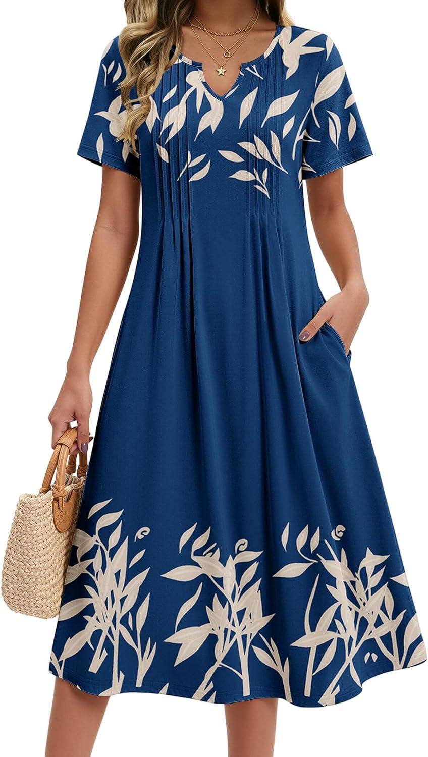 imageZeagoo Summer Dresses for Women 2026 Casual Short Sleeve Aline Midi Dress with Pocket Flowy Pleated Tshirt Beach SundressNavy Leaf Print