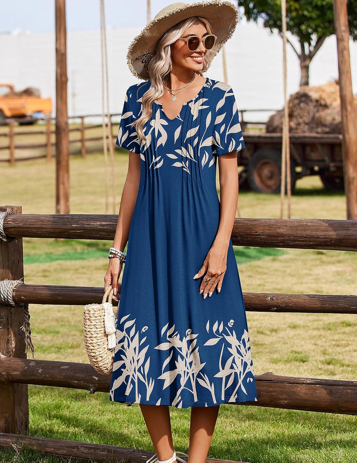imageZeagoo Summer Dresses for Women 2026 Casual Short Sleeve Aline Midi Dress with Pocket Flowy Pleated Tshirt Beach SundressNavy Leaf Print