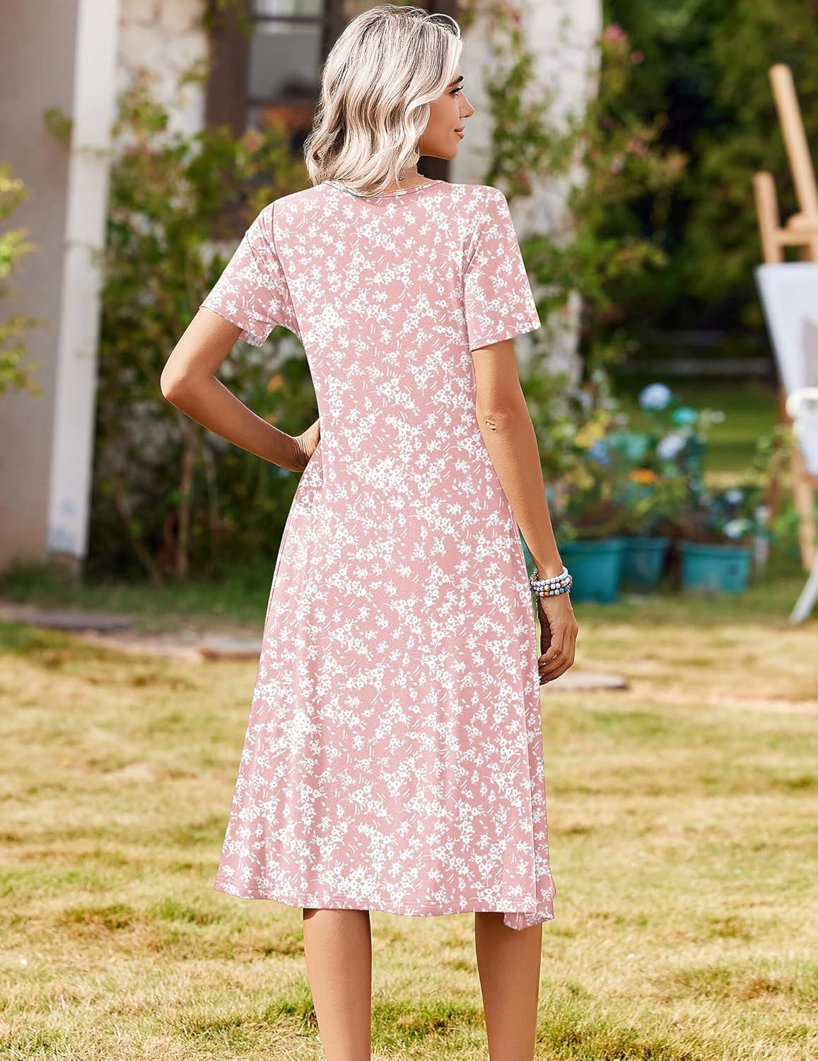 imageZeagoo Summer Dresses for Women 2026 Casual Short Sleeve Aline Midi Dress with Pocket Flowy Pleated Tshirt Beach SundressPink Floral