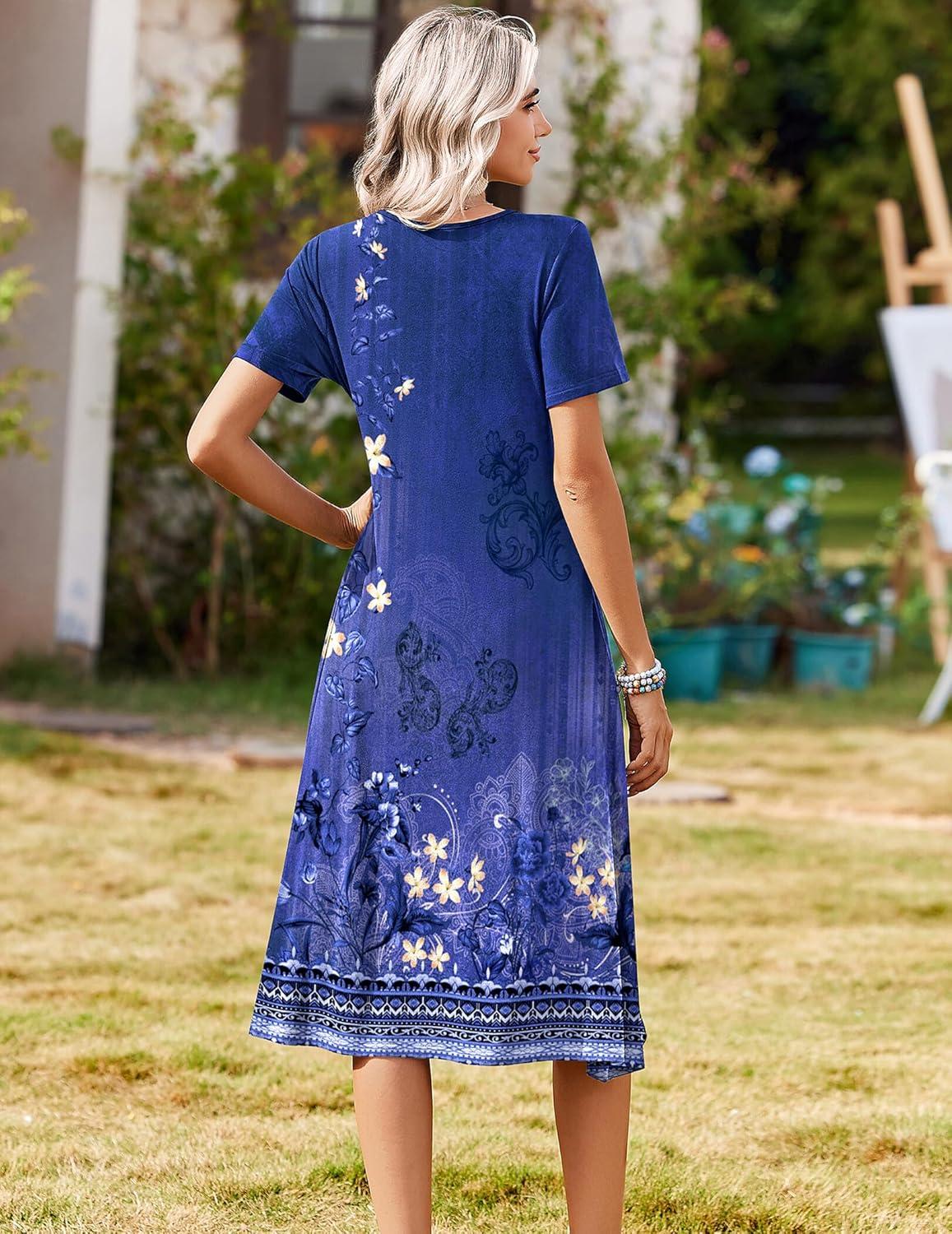 imageZeagoo Summer Dresses for Women 2026 Casual Short Sleeve Aline Midi Dress with Pocket Flowy Pleated Tshirt Beach SundressPurple Ethnic Print
