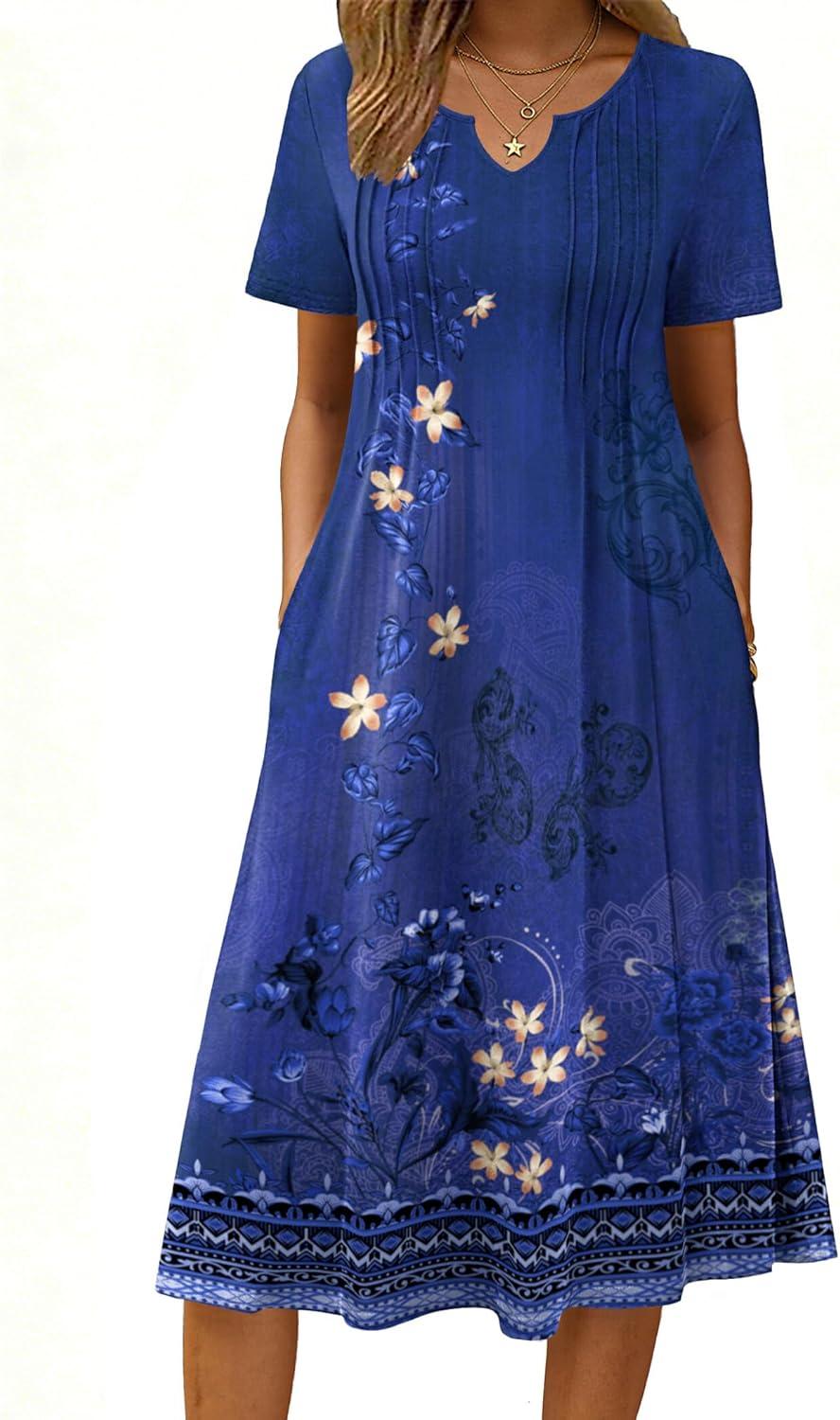 imageZeagoo Summer Dresses for Women 2026 Casual Short Sleeve Aline Midi Dress with Pocket Flowy Pleated Tshirt Beach SundressPurple Ethnic Print