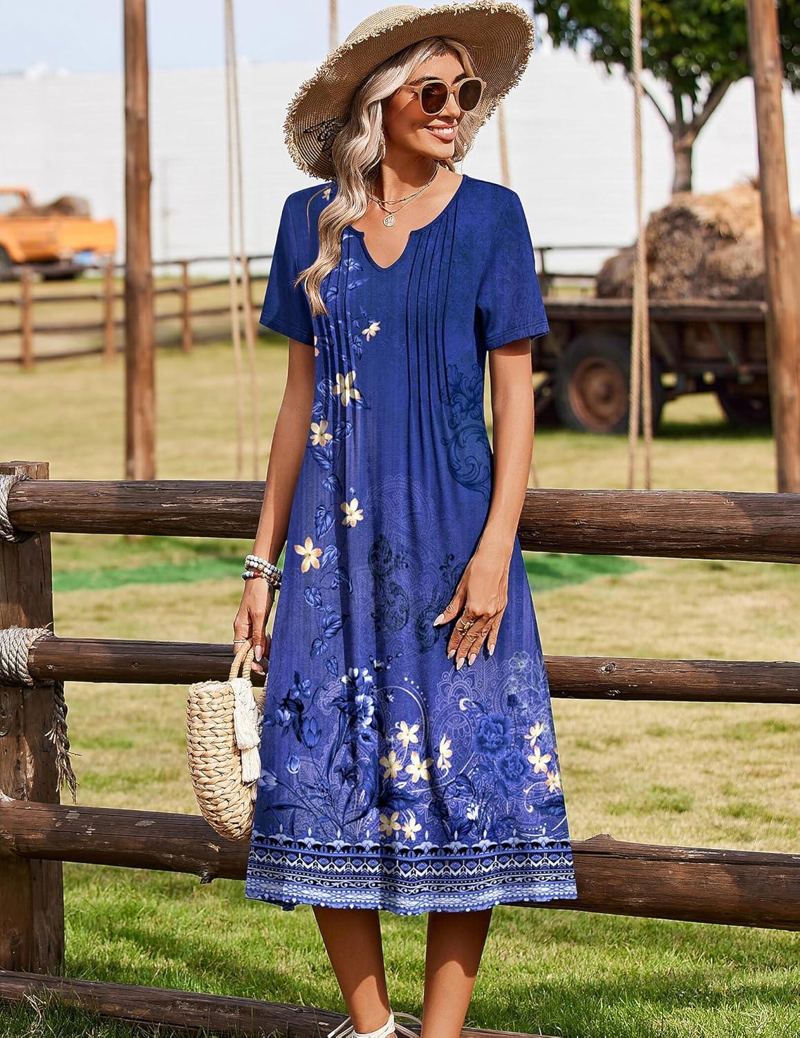 imageZeagoo Summer Dresses for Women 2026 Casual Short Sleeve Aline Midi Dress with Pocket Flowy Pleated Tshirt Beach SundressPurple Ethnic Print