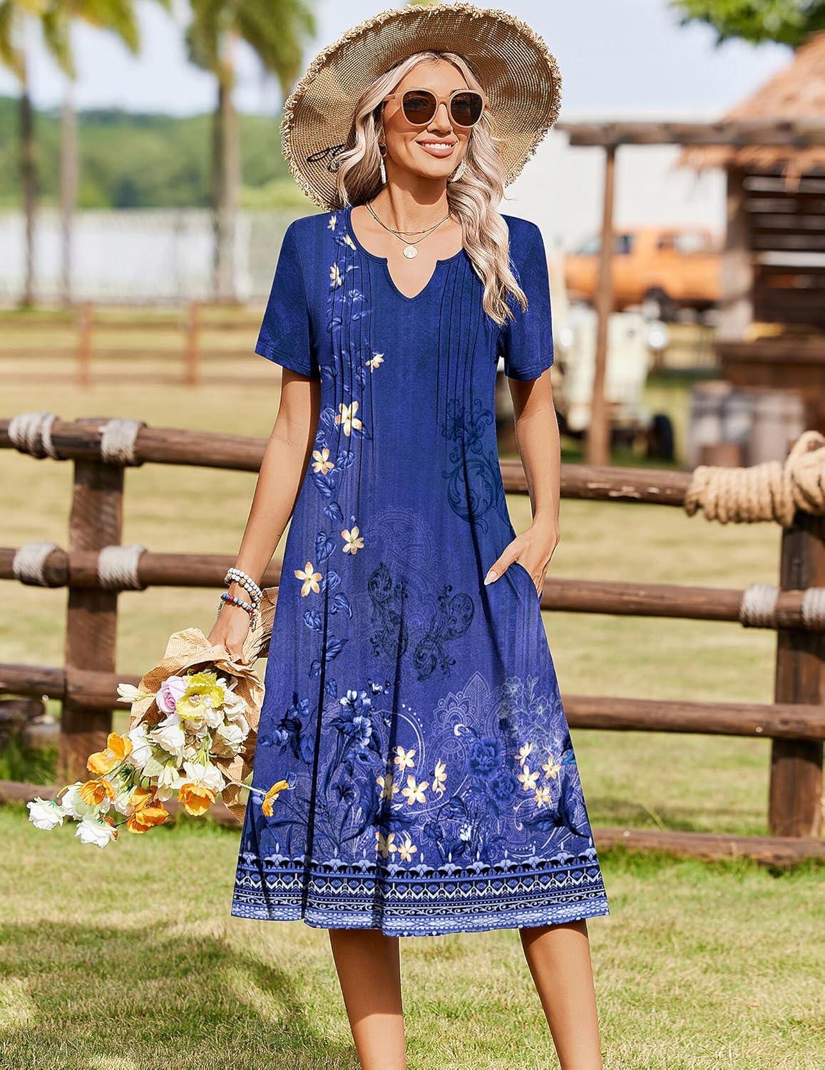 imageZeagoo Summer Dresses for Women 2026 Casual Short Sleeve Aline Midi Dress with Pocket Flowy Pleated Tshirt Beach SundressPurple Ethnic Print
