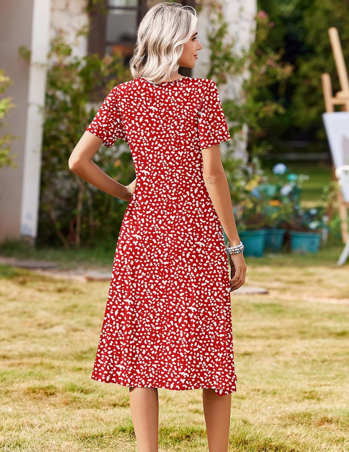 imageZeagoo Summer Dresses for Women 2026 Casual Short Sleeve Aline Midi Dress with Pocket Flowy Pleated Tshirt Beach SundressRed Round Dot Print