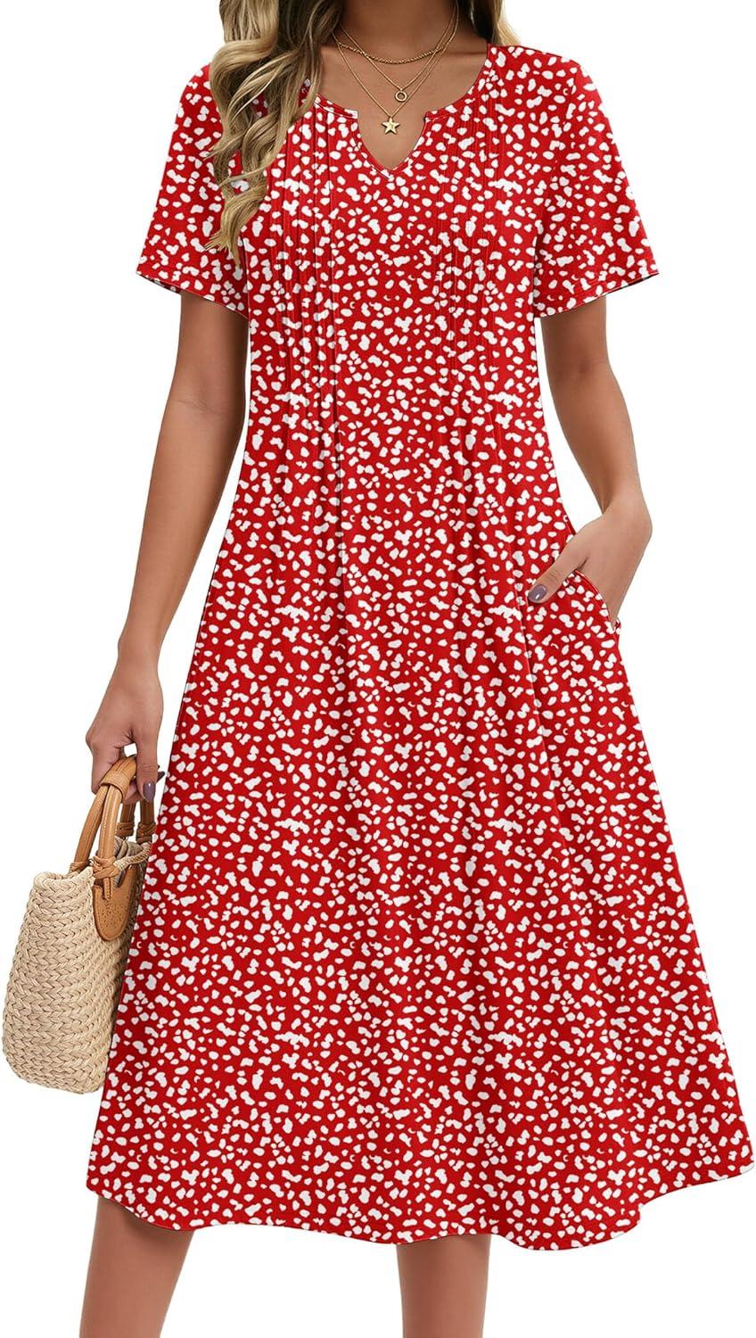 imageZeagoo Summer Dresses for Women 2026 Casual Short Sleeve Aline Midi Dress with Pocket Flowy Pleated Tshirt Beach SundressRed Round Dot Print