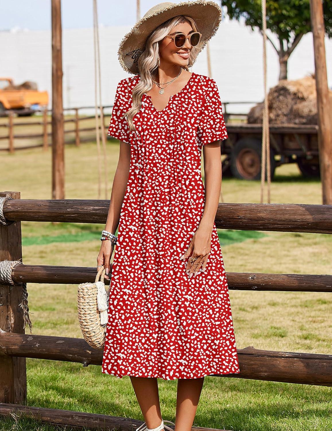 imageZeagoo Summer Dresses for Women 2026 Casual Short Sleeve Aline Midi Dress with Pocket Flowy Pleated Tshirt Beach SundressRed Round Dot Print
