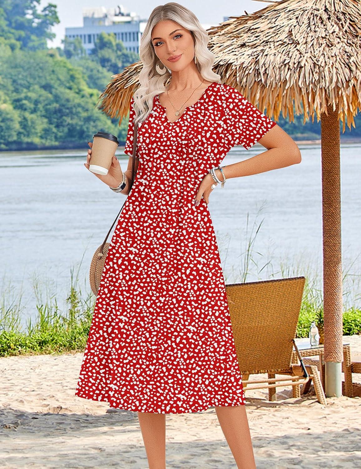 imageZeagoo Summer Dresses for Women 2026 Casual Short Sleeve Aline Midi Dress with Pocket Flowy Pleated Tshirt Beach SundressRed Round Dot Print