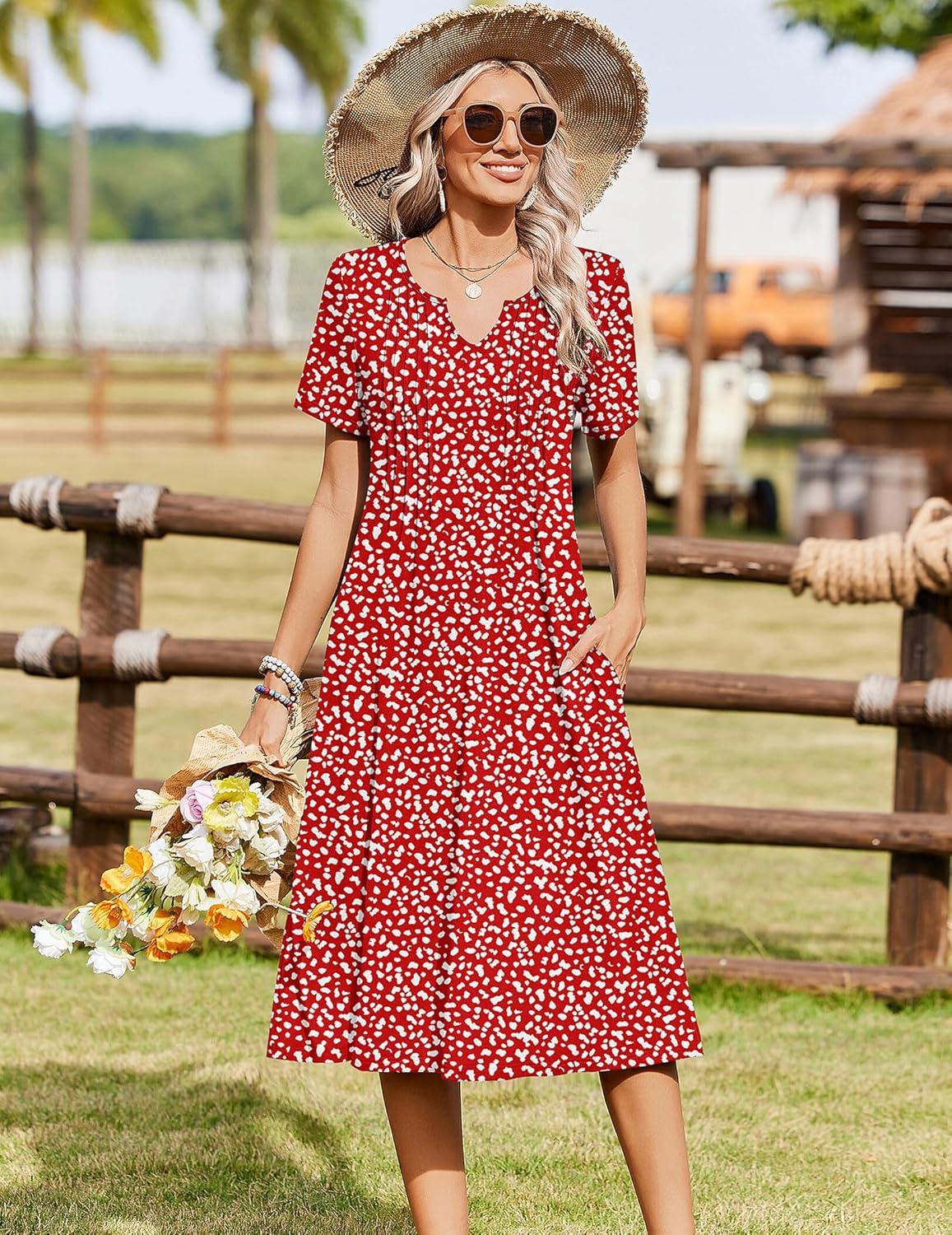 imageZeagoo Summer Dresses for Women 2026 Casual Short Sleeve Aline Midi Dress with Pocket Flowy Pleated Tshirt Beach SundressRed Round Dot Print
