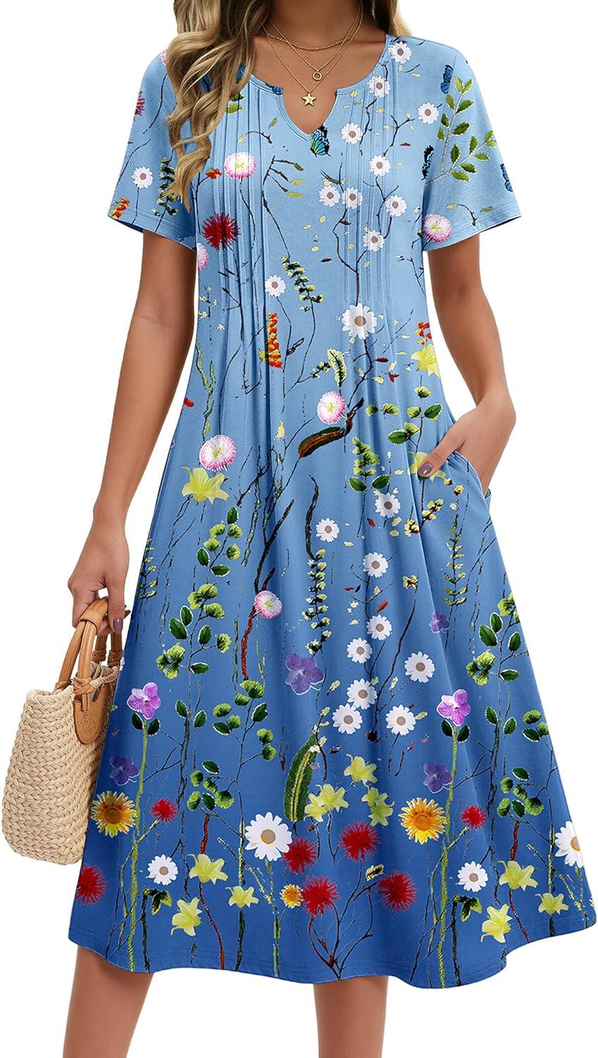 imageZeagoo Summer Dresses for Women 2026 Casual Short Sleeve Aline Midi Dress with Pocket Flowy Pleated Tshirt Beach SundressWf89