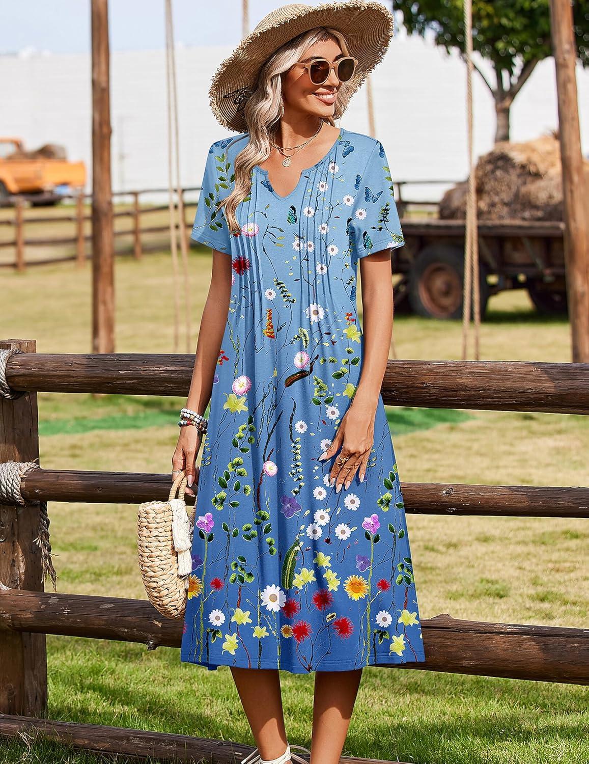 imageZeagoo Summer Dresses for Women 2026 Casual Short Sleeve Aline Midi Dress with Pocket Flowy Pleated Tshirt Beach SundressWf89
