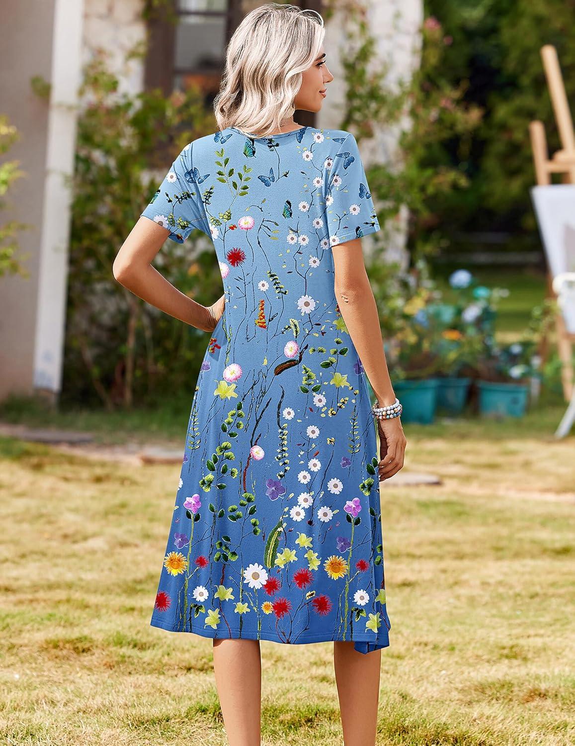 imageZeagoo Summer Dresses for Women 2026 Casual Short Sleeve Aline Midi Dress with Pocket Flowy Pleated Tshirt Beach SundressWf89