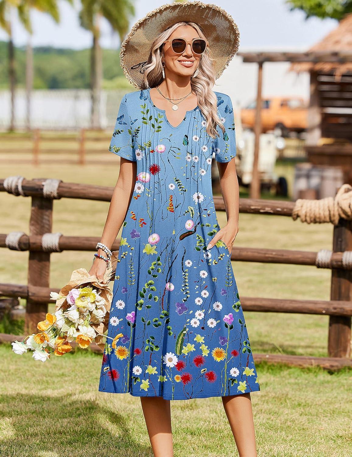 imageZeagoo Summer Dresses for Women 2026 Casual Short Sleeve Aline Midi Dress with Pocket Flowy Pleated Tshirt Beach SundressWf89