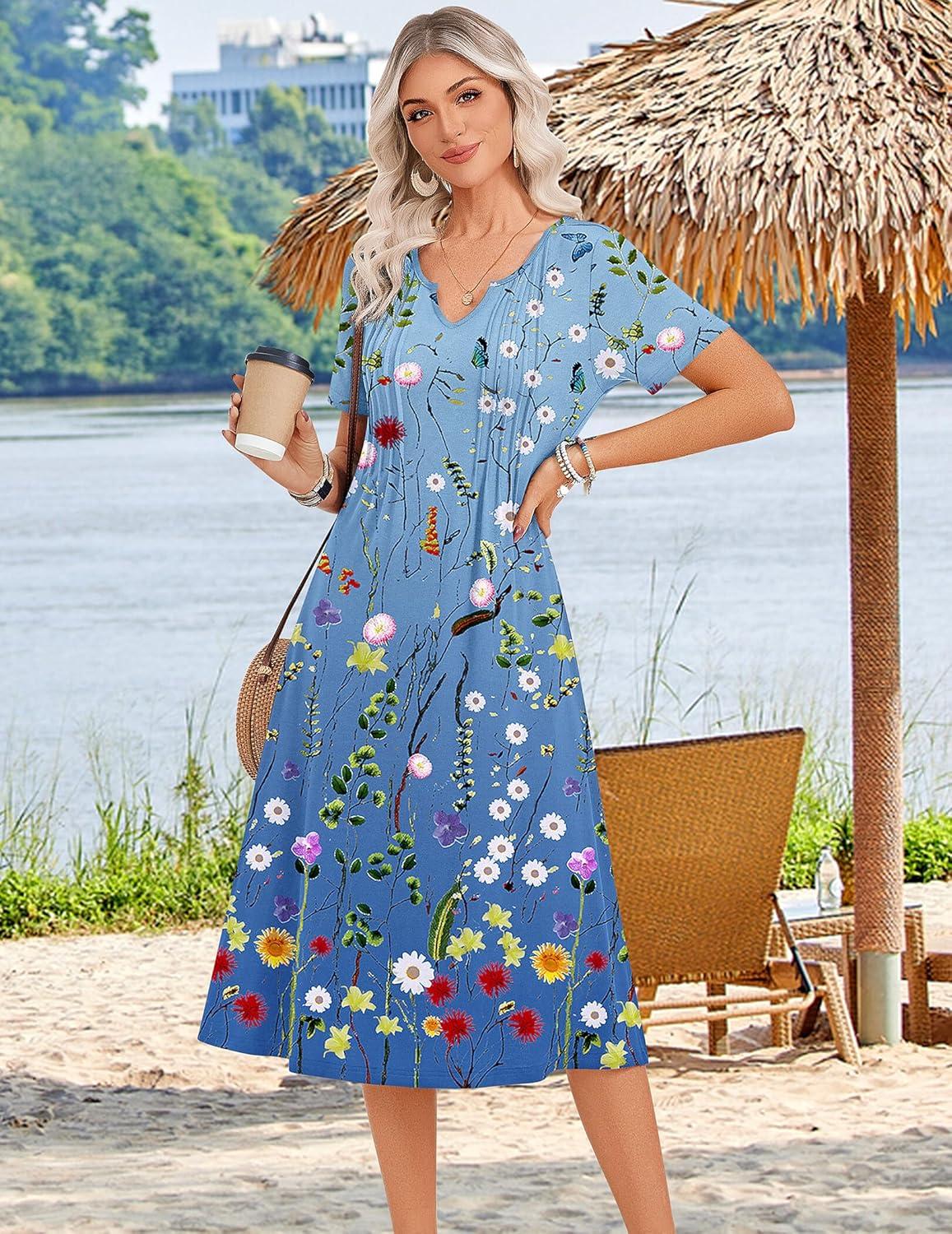 imageZeagoo Summer Dresses for Women 2026 Casual Short Sleeve Aline Midi Dress with Pocket Flowy Pleated Tshirt Beach SundressWf89
