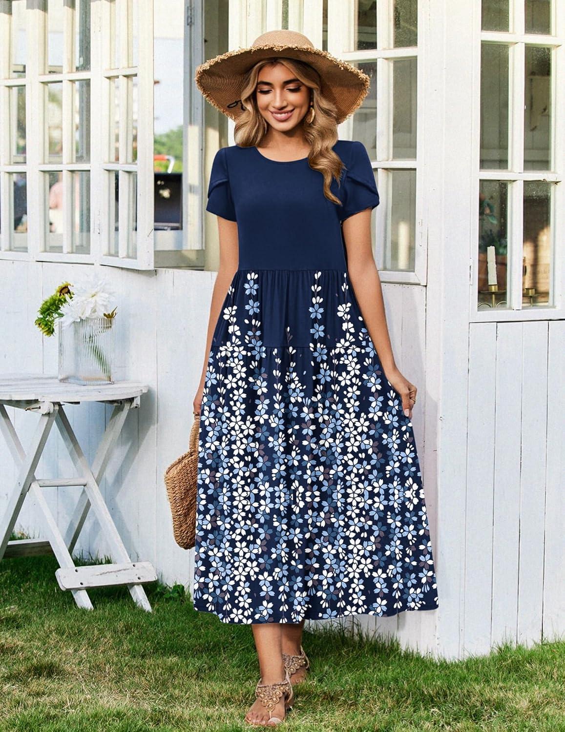 imageZeagoo Summer Dresses for Women 2026 Maxi Bohemian Floral Short Sleeve Long Dress Casual Flowy Tired Beach Sundress04navy Blue Flower