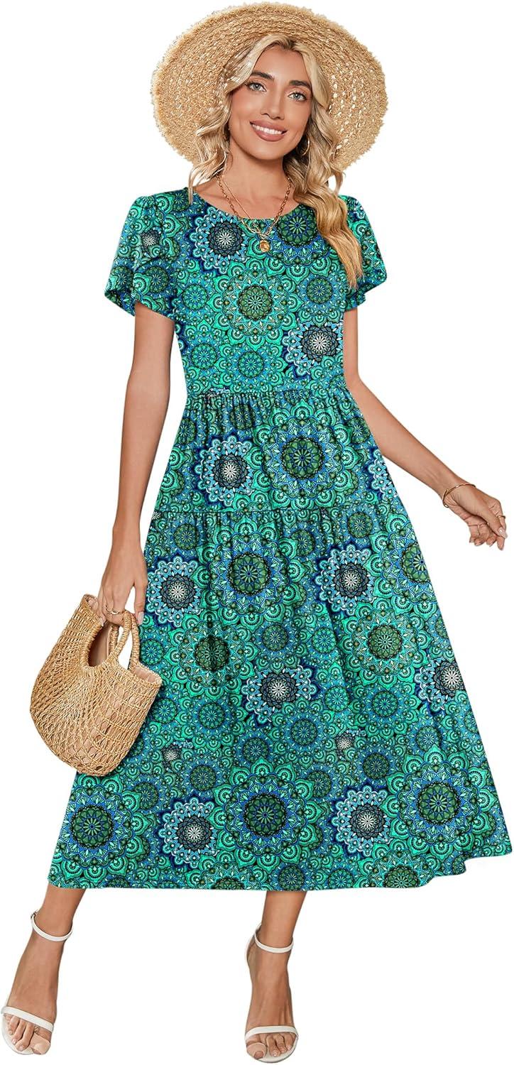 imageZeagoo Summer Dresses for Women 2026 Maxi Bohemian Floral Short Sleeve Long Dress Casual Flowy Tired Beach SundressMz911