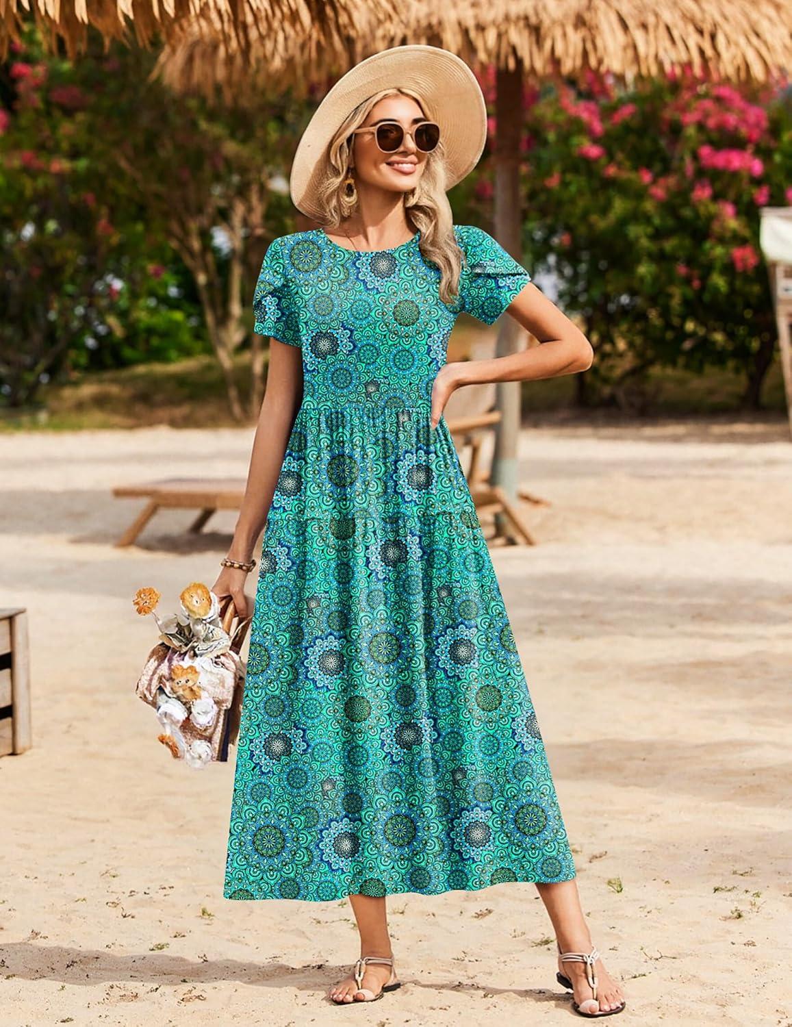imageZeagoo Summer Dresses for Women 2026 Maxi Bohemian Floral Short Sleeve Long Dress Casual Flowy Tired Beach SundressMz911