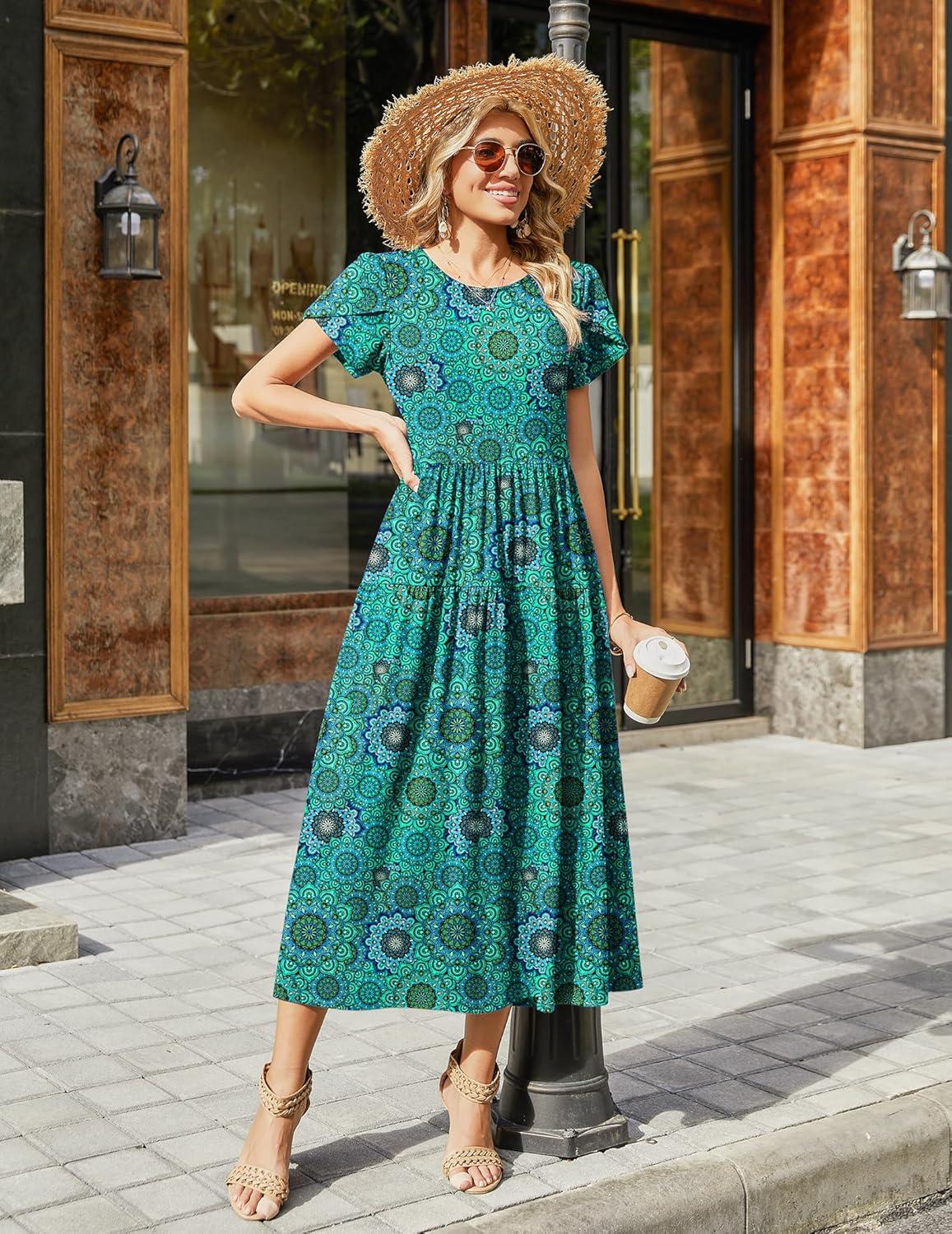imageZeagoo Summer Dresses for Women 2026 Maxi Bohemian Floral Short Sleeve Long Dress Casual Flowy Tired Beach SundressMz911