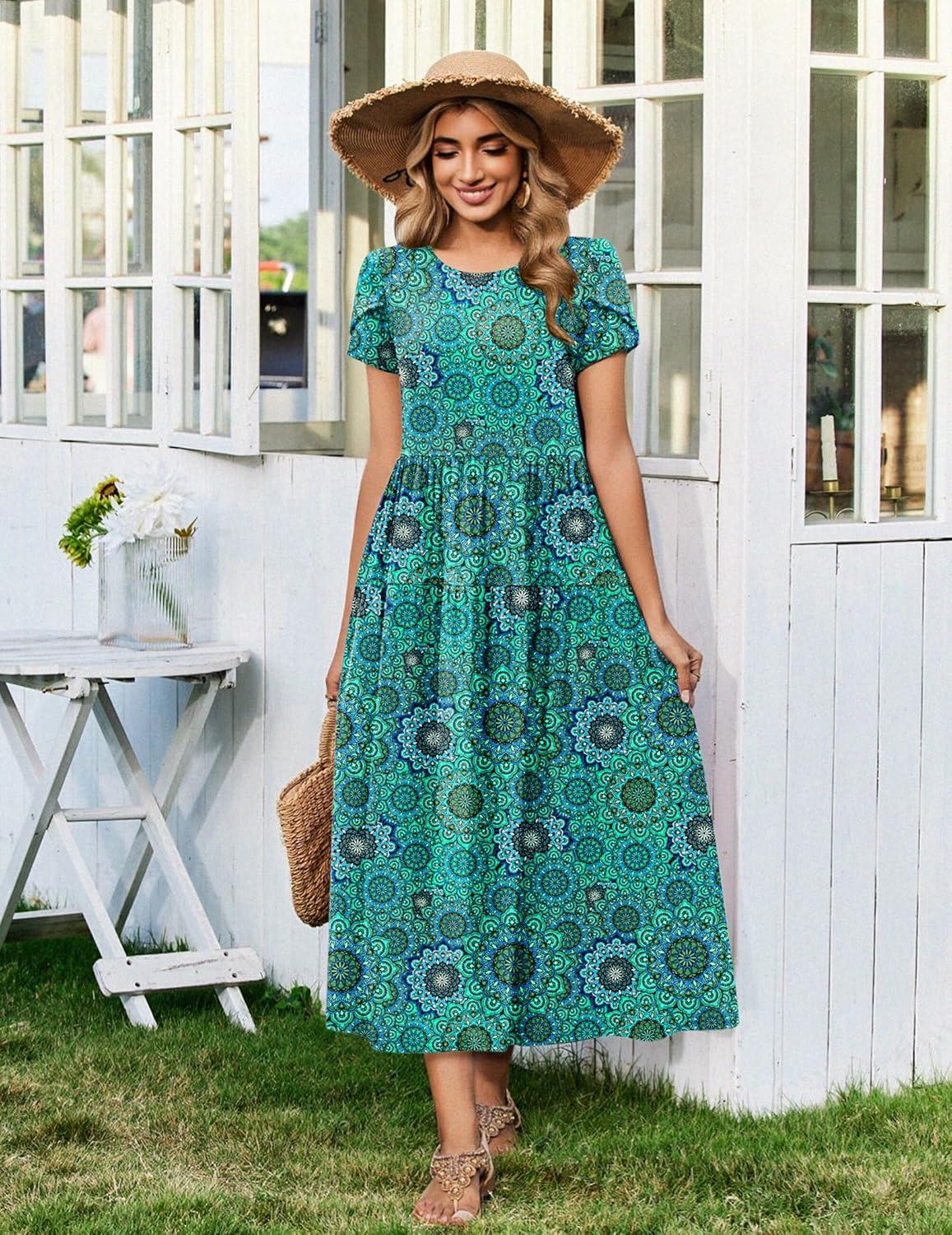 imageZeagoo Summer Dresses for Women 2026 Maxi Bohemian Floral Short Sleeve Long Dress Casual Flowy Tired Beach SundressMz911