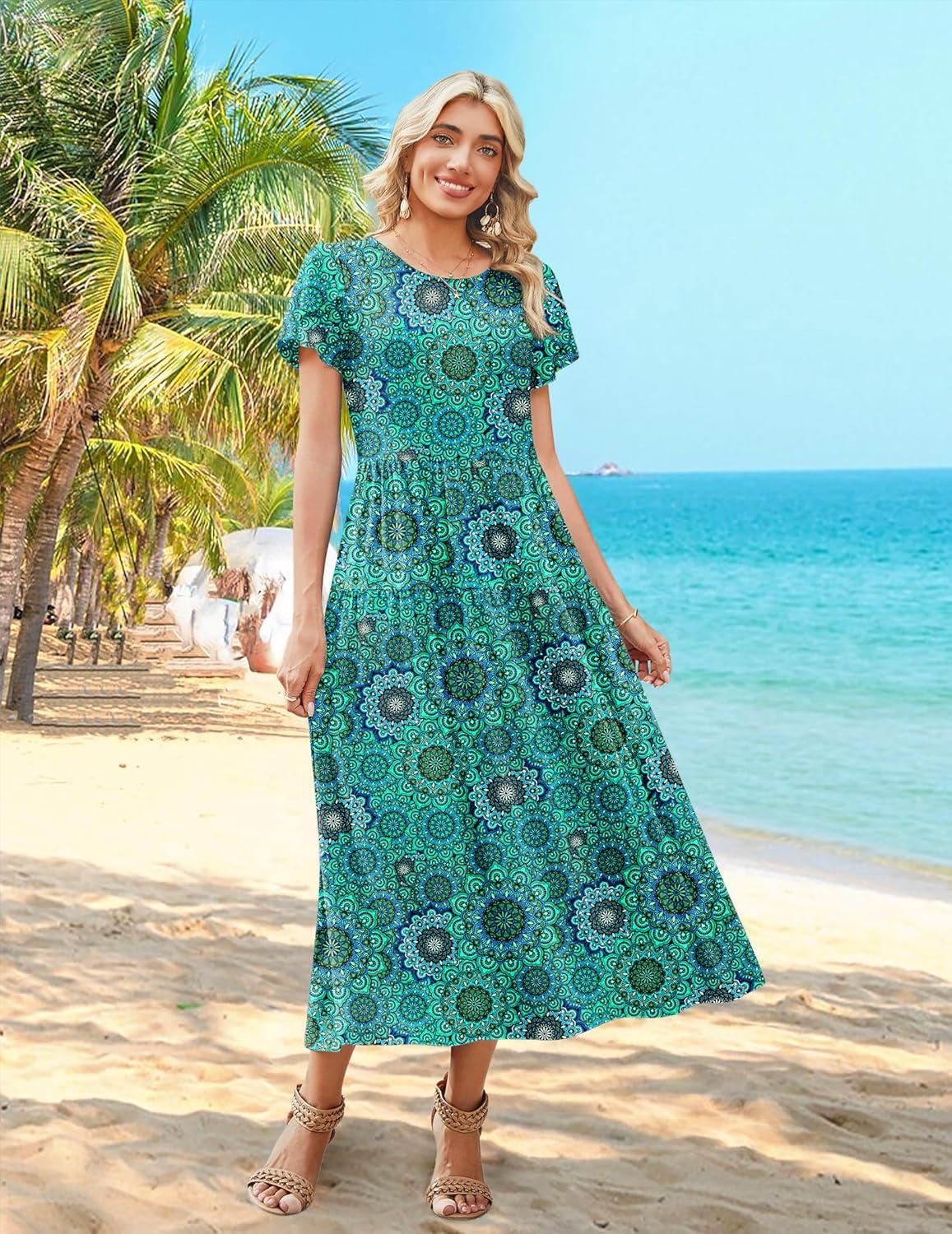 imageZeagoo Summer Dresses for Women 2026 Maxi Bohemian Floral Short Sleeve Long Dress Casual Flowy Tired Beach SundressMz911