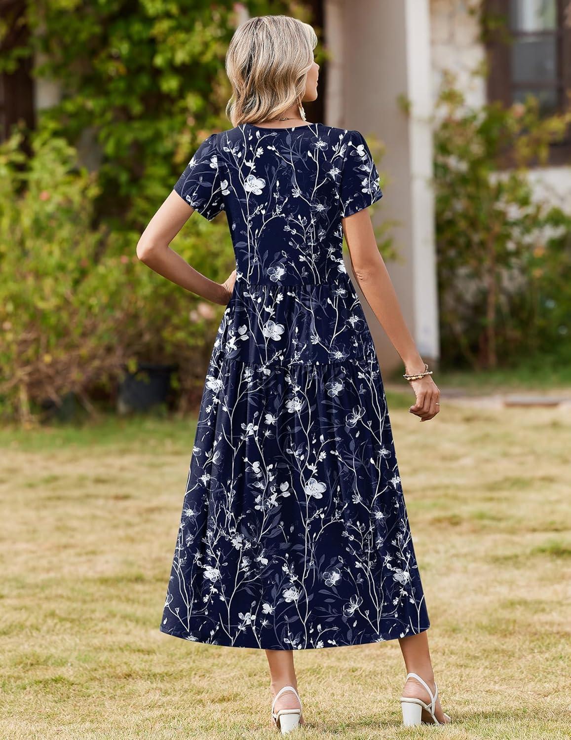 imageZeagoo Summer Dresses for Women 2026 Maxi Bohemian Floral Short Sleeve Long Dress Casual Flowy Tired Beach SundressSf180
