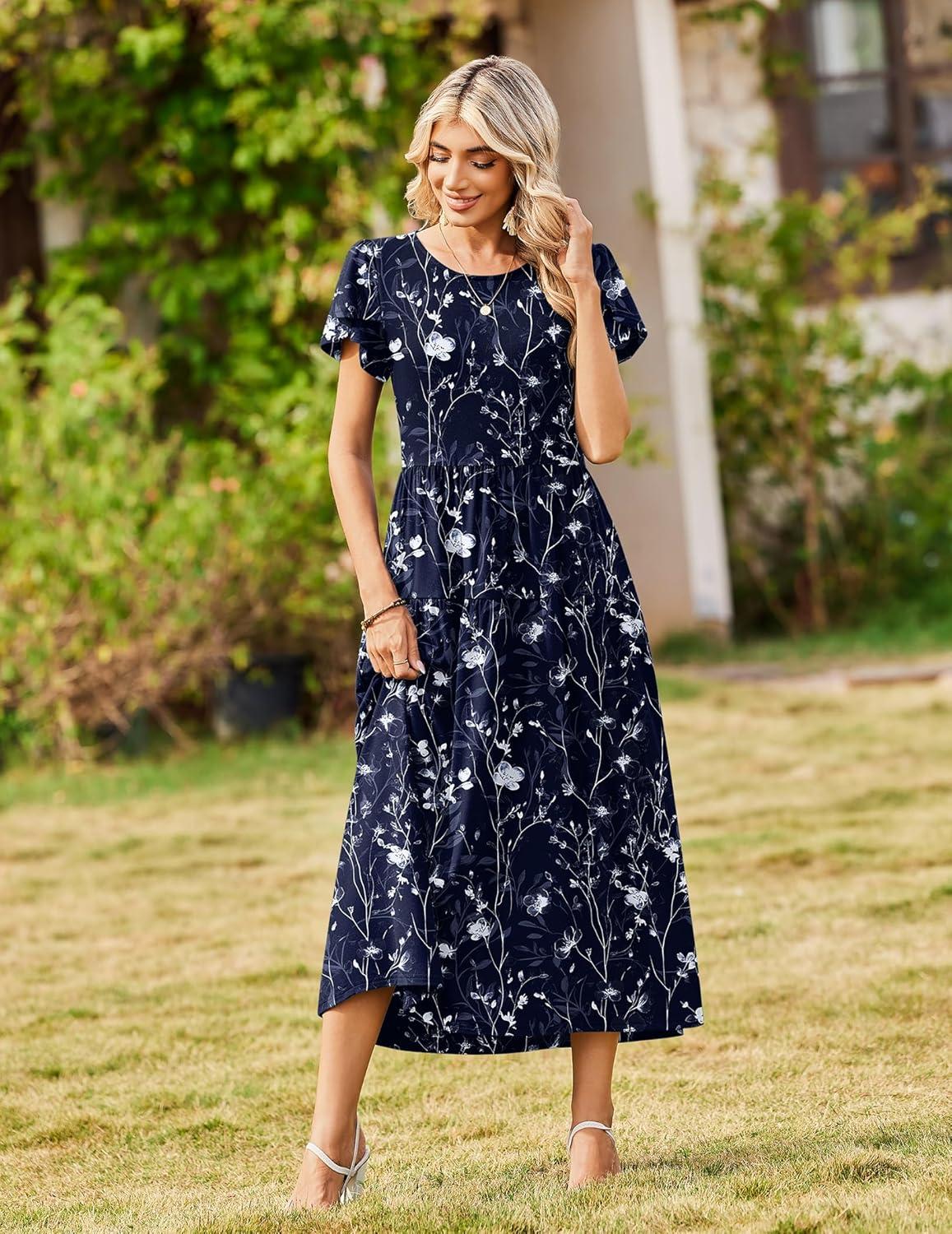 imageZeagoo Summer Dresses for Women 2026 Maxi Bohemian Floral Short Sleeve Long Dress Casual Flowy Tired Beach SundressSf180