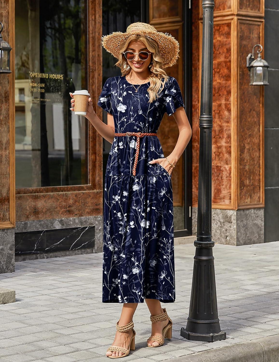 imageZeagoo Summer Dresses for Women 2026 Maxi Bohemian Floral Short Sleeve Long Dress Casual Flowy Tired Beach SundressSf180