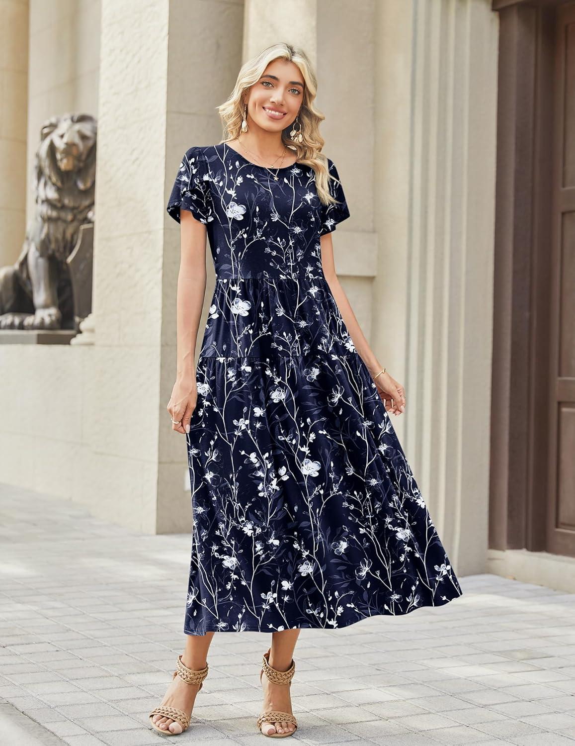 imageZeagoo Summer Dresses for Women 2026 Maxi Bohemian Floral Short Sleeve Long Dress Casual Flowy Tired Beach SundressSf180