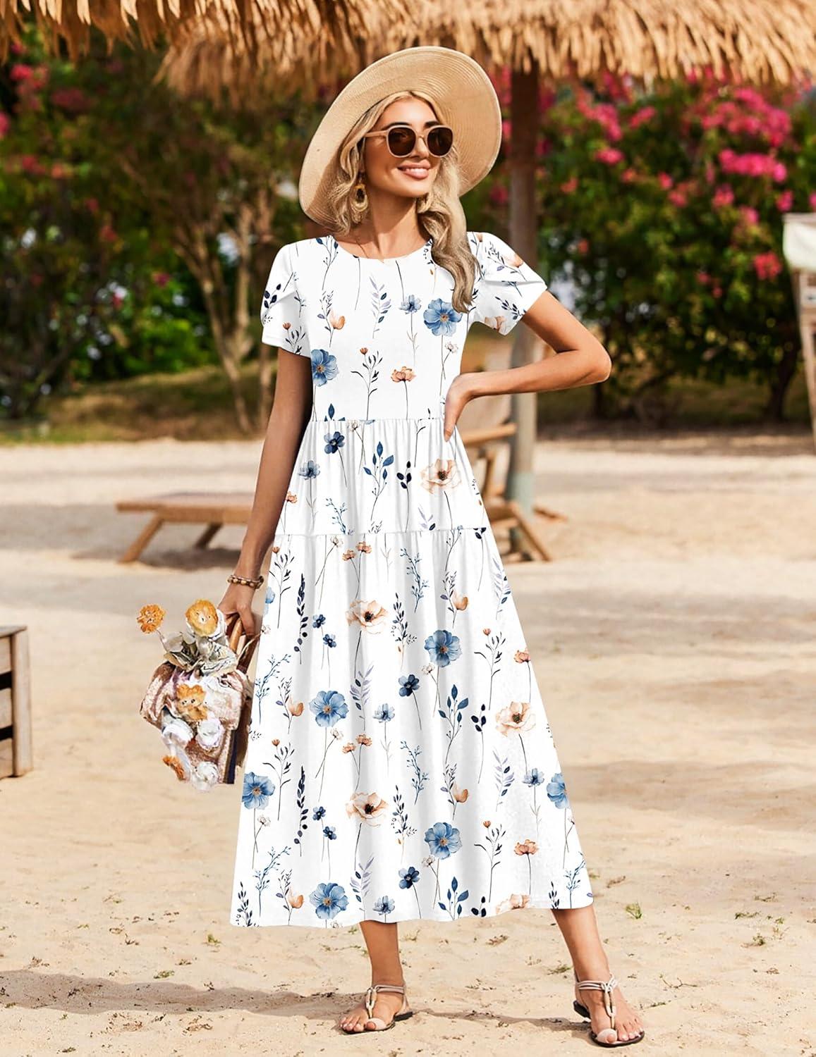 imageZeagoo Summer Dresses for Women 2026 Maxi Bohemian Floral Short Sleeve Long Dress Casual Flowy Tired Beach SundressWhite Floral