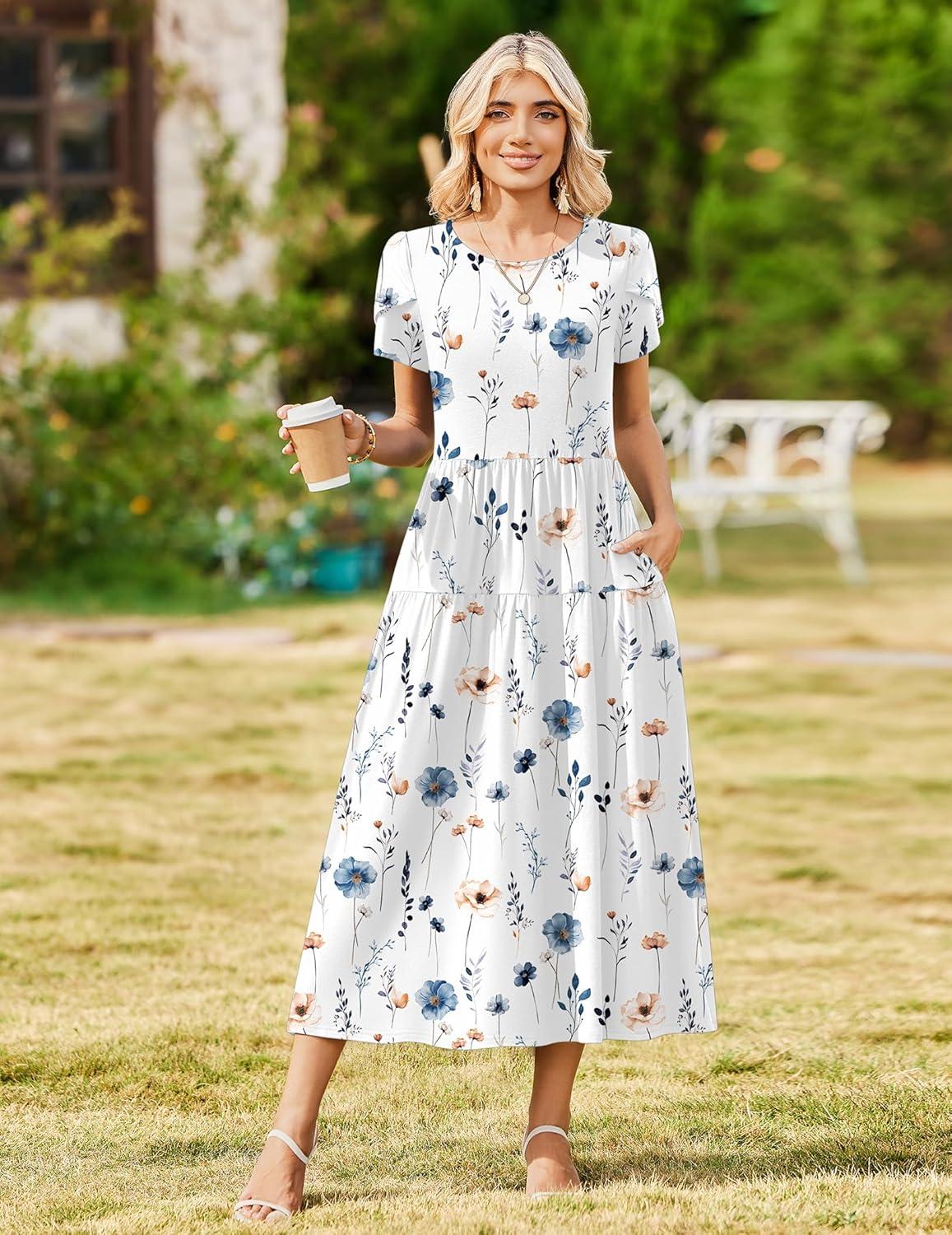 imageZeagoo Summer Dresses for Women 2026 Maxi Bohemian Floral Short Sleeve Long Dress Casual Flowy Tired Beach SundressWhite Floral