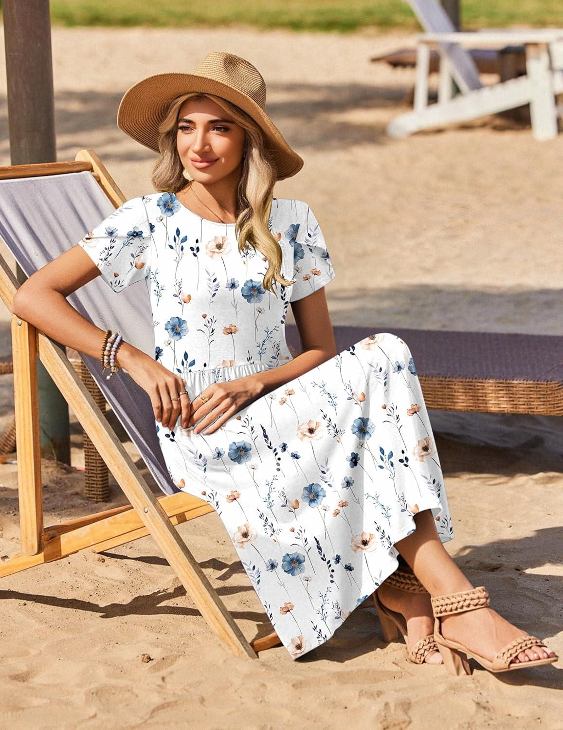 imageZeagoo Summer Dresses for Women 2026 Maxi Bohemian Floral Short Sleeve Long Dress Casual Flowy Tired Beach SundressWhite Floral