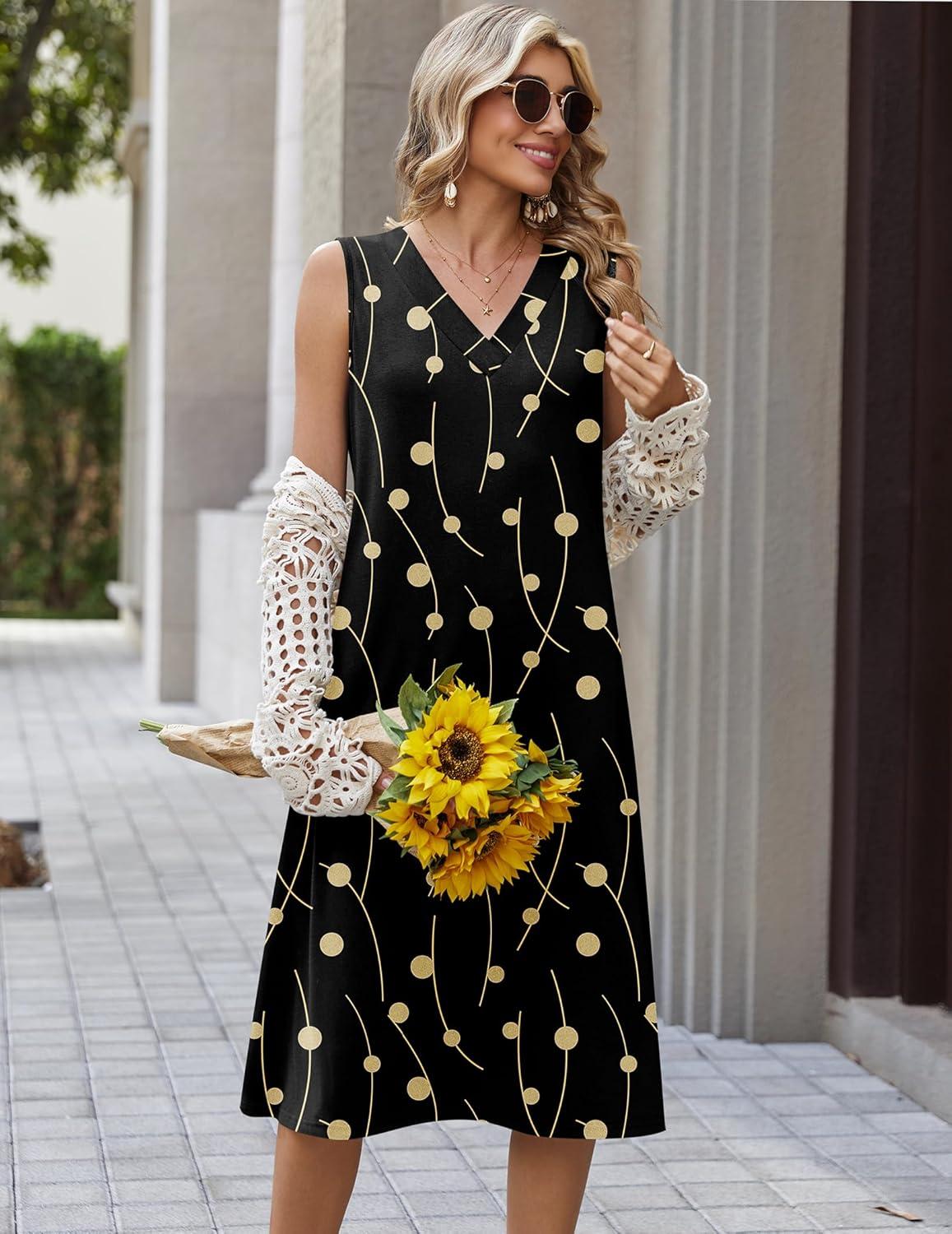 imageZeagoo Summer Dresses for Women 2026 Sleeveless V Neck Casual Midi Tank Dress Beach Vacation Sundresses with PocketsJh601