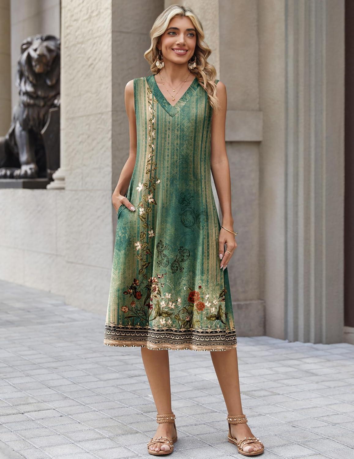 imageZeagoo Summer Dresses for Women 2026 Sleeveless V Neck Casual Midi Tank Dress Beach Vacation Sundresses with PocketsMz840