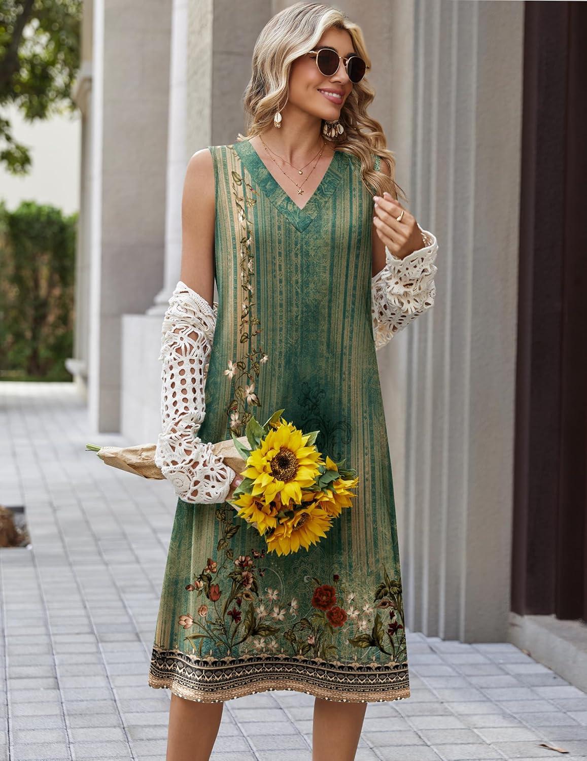 imageZeagoo Summer Dresses for Women 2026 Sleeveless V Neck Casual Midi Tank Dress Beach Vacation Sundresses with PocketsMz840
