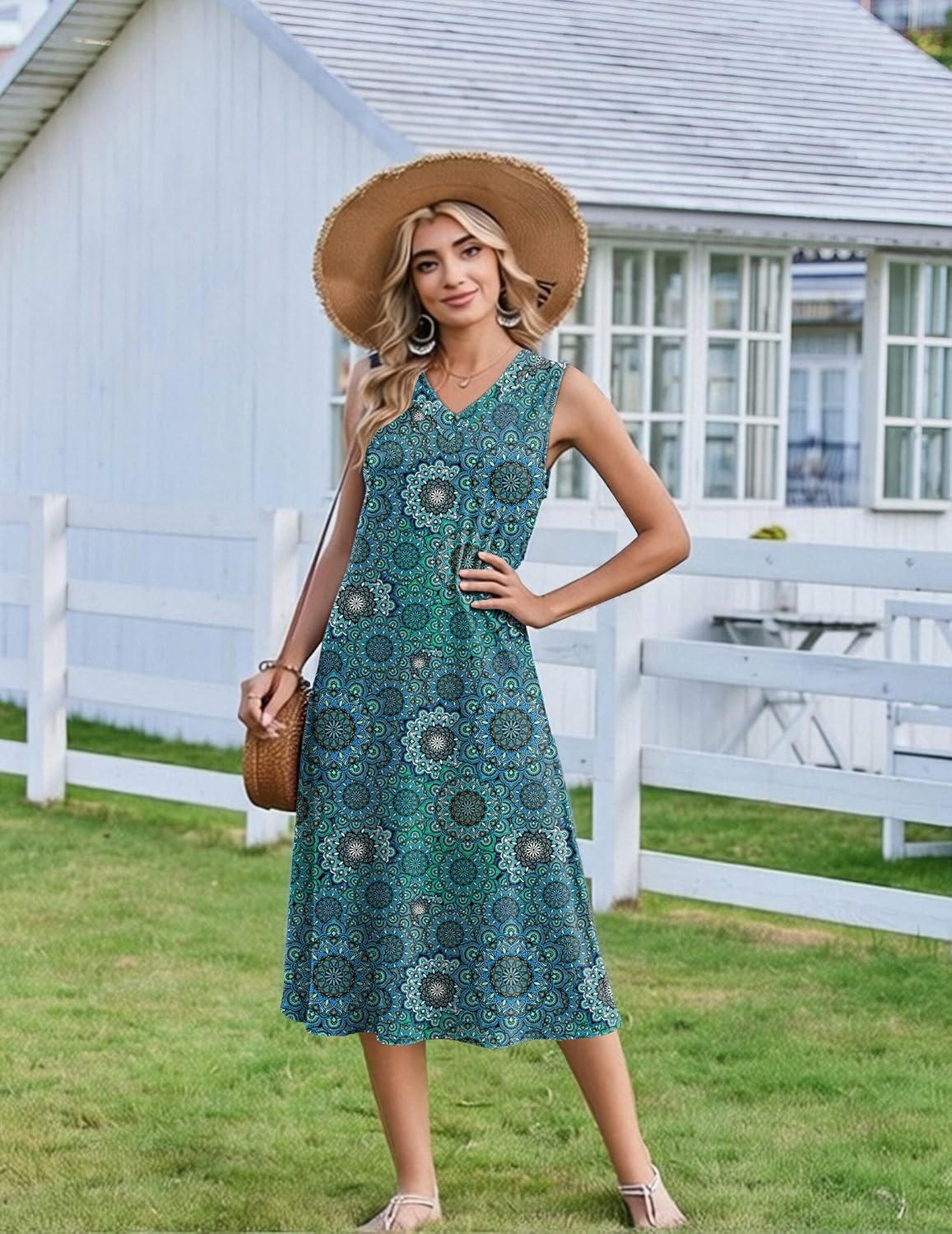 imageZeagoo Summer Dresses for Women 2026 Sleeveless V Neck Casual Midi Tank Dress Beach Vacation Sundresses with PocketsMz911