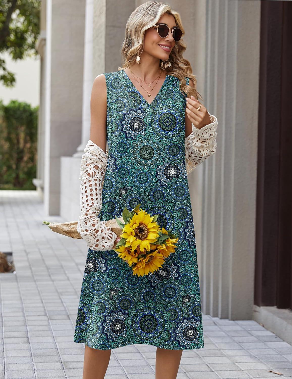 imageZeagoo Summer Dresses for Women 2026 Sleeveless V Neck Casual Midi Tank Dress Beach Vacation Sundresses with PocketsMz911